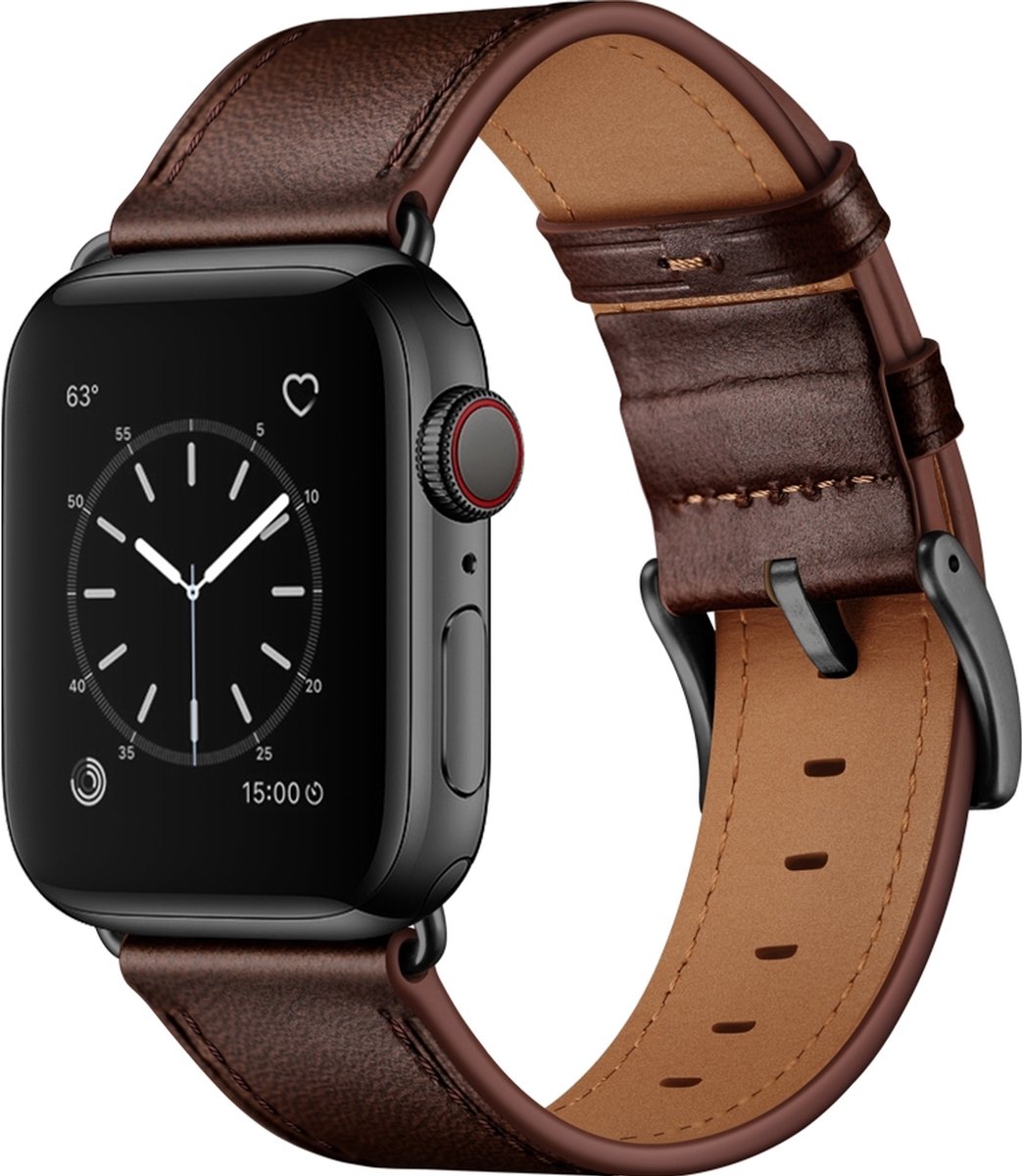 Mobigear Leren Watch bandje geschikt voor Apple Watch Bandje Gespsluiting | Mobigear Firenze - 42/41/40/38 mm - Bruin