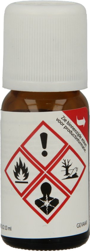 Bruine fles met witte dop, etiket met waarschuwingssymbolen: vlam, uitroepteken, menselijk silhouet.