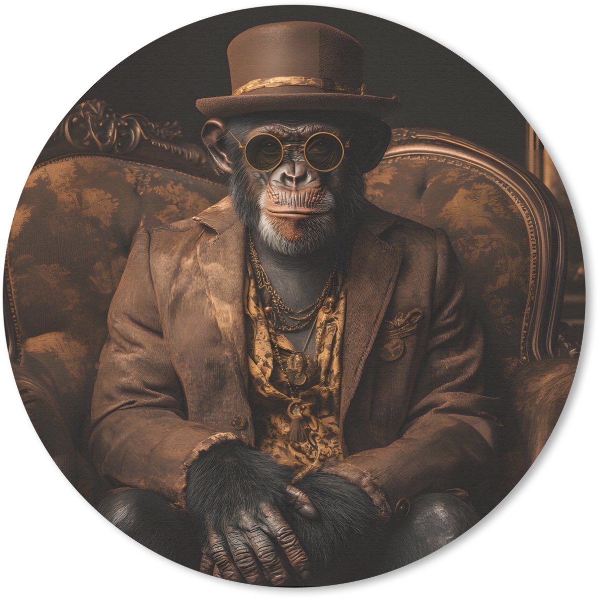 Muismat rond 50x50 cm - Mousepad Chimpansee - Stoel - Pak - Bruin - Ronde muismatten