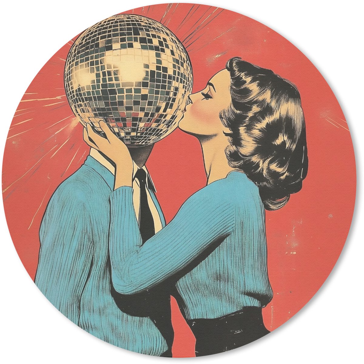 Muismat rond 50x50 cm - Mousepad Vrouw - Retro - Discobal - Kus - Ronde muismatten