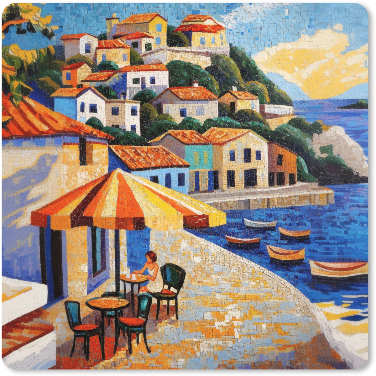 Muismat XXL 50x50 cm - Bureau onderlegger - Bureau mat Kustdorp - Huisjes - Mozaïek - Zee - Bureaumat - Gaming mousepad xl - Bureaulegger groot - Computer deskmat