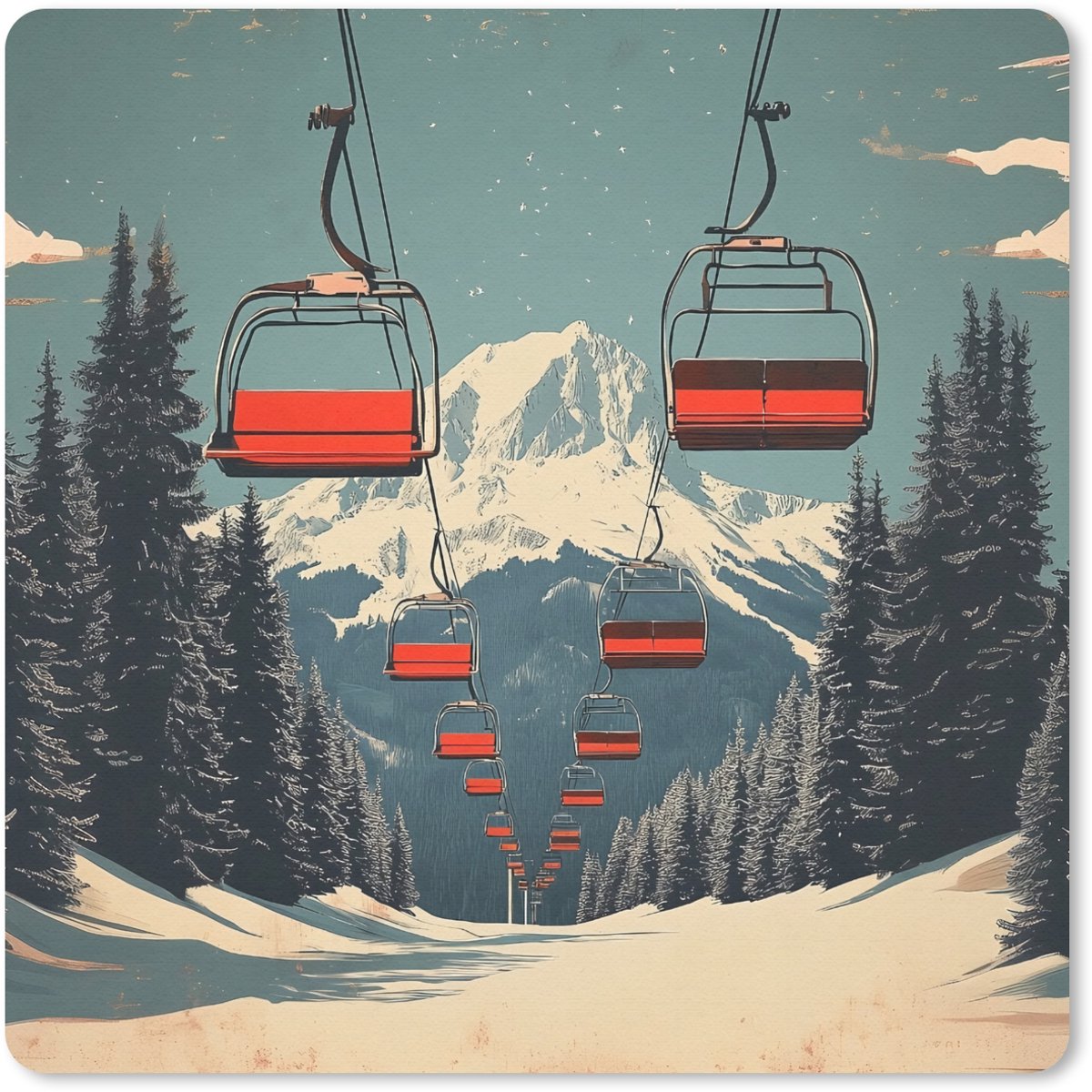 Muismat 20x20 cm - Mousepad Sneeuw - Skilift - Rood - Bomen - Muismatten