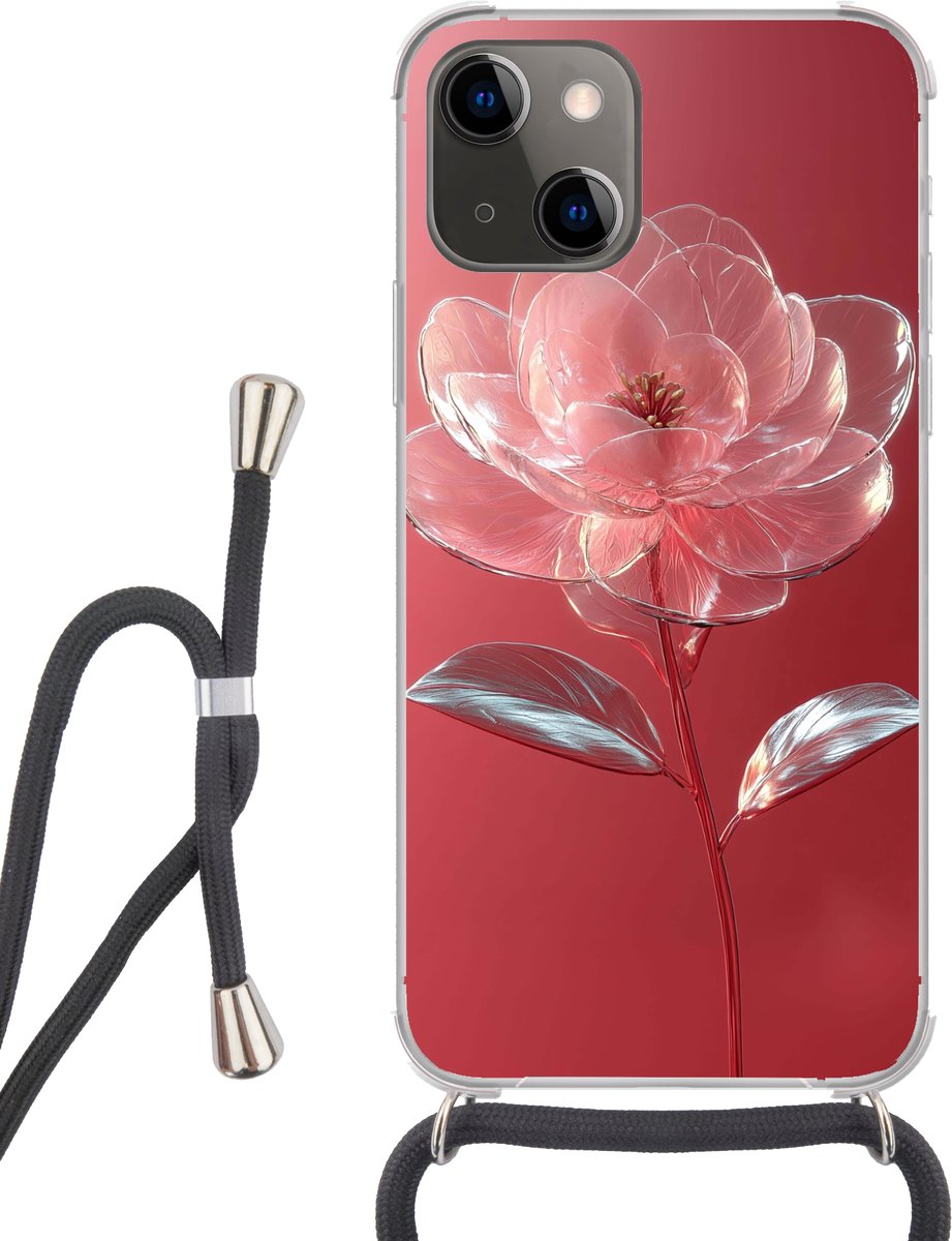 Telefoonhoesje Geschikt voor iPhone 13 Mini - Sierlijk - Bloem - Roze - Glazen - Siliconen - Crossbody - Backcover met Koord - Telefoonhoesje met koord - Hoesje met touw Telefoonhoesje