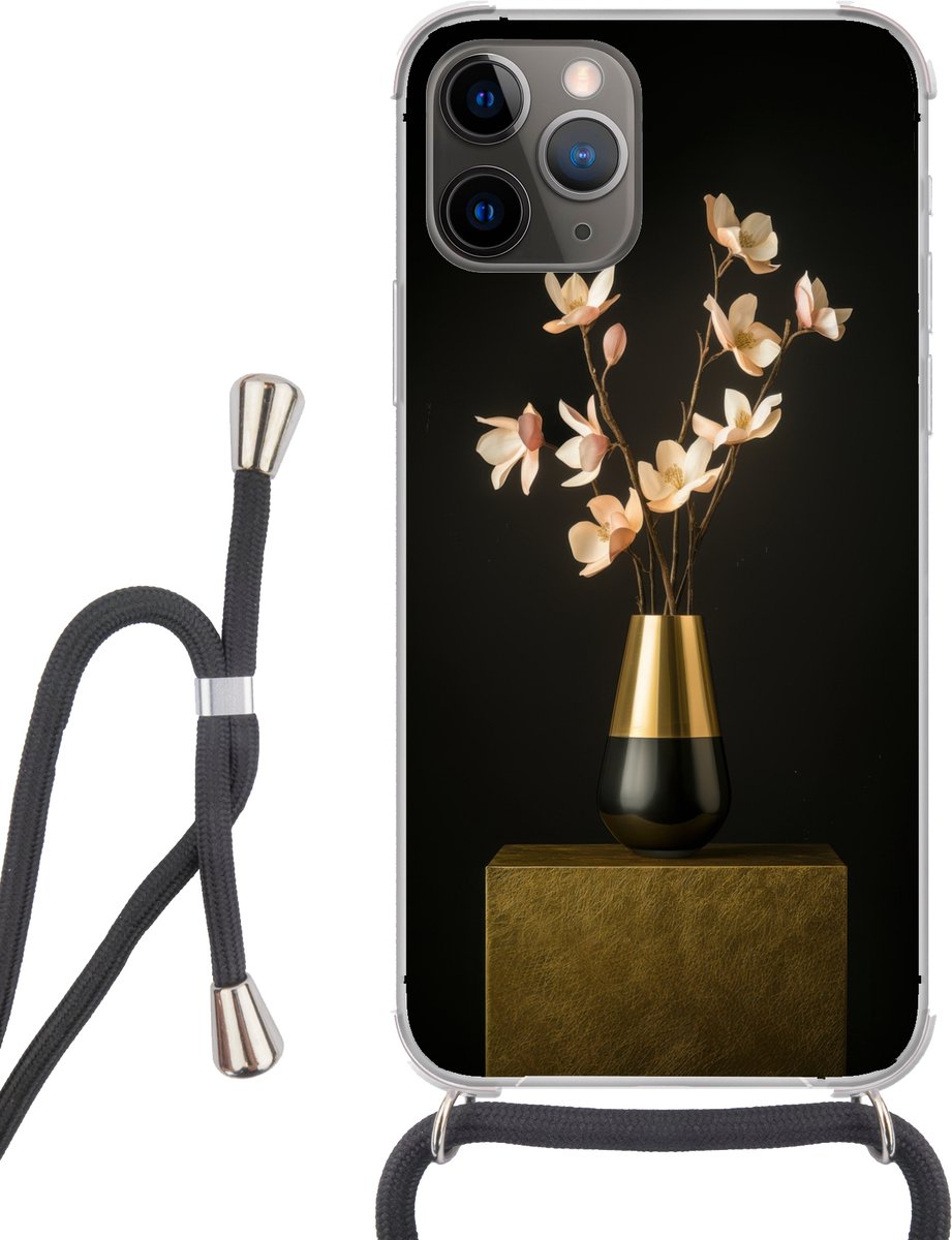 Telefoonhoesje Geschikt voor iPhone 13 Pro Max - Sierlijk - Boeket - Goud - Vaas - Siliconen - Crossbody - Backcover met Koord - Telefoonhoesje met koord - Hoesje met touw Telefoonhoesje