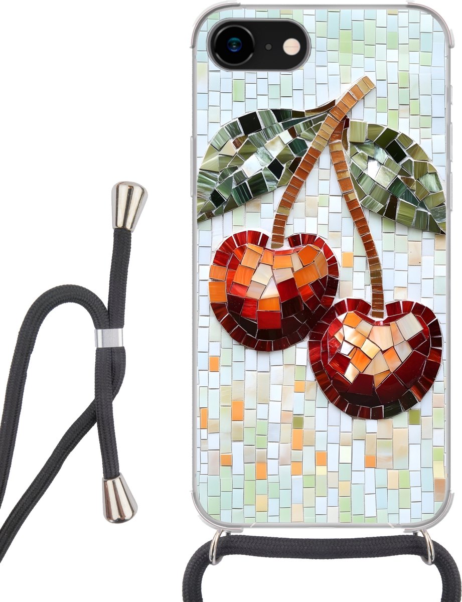 Telefoonhoesje Geschikt voor iPhone SE 2020 - Kersen - Rood - Mozaïek - Blaadjes - Siliconen - Crossbody - Backcover met Koord - Telefoonhoesje met koord - Hoesje met touw Telefoonhoesje