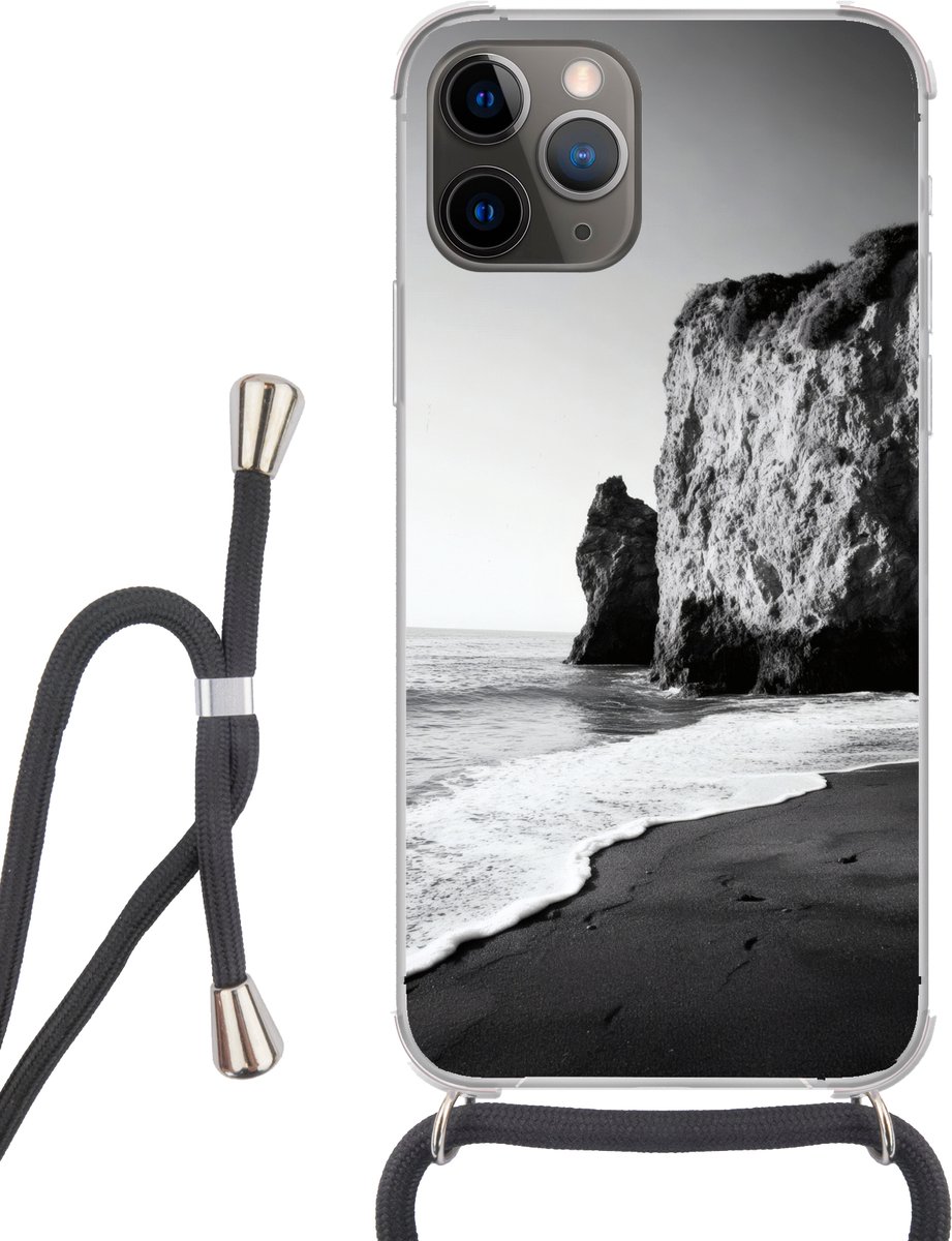 Telefoonhoesje Geschikt voor iPhone 12 pro crossbody - Strand - Klif - Golven - Voetstappen - Siliconen - Crossbody - Backcover met Koord - Telefoonhoesje met koord - Hoesje met touw Telefoonhoesje