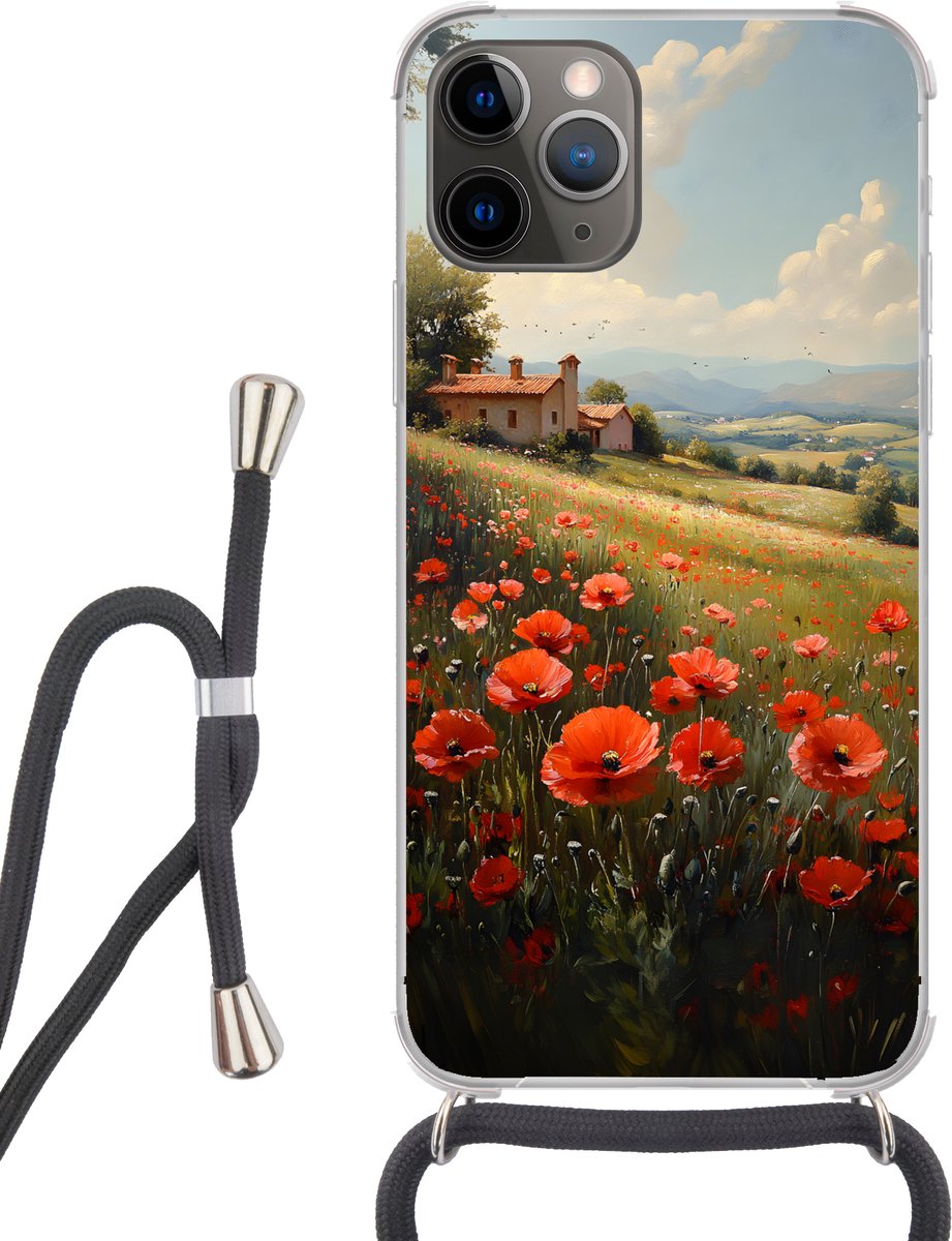 Telefoonhoesje Geschikt voor iPhone 12 pro crossbody - Klaprozen - Rood - Heuvels - Landschap - Siliconen - Crossbody - Backcover met Koord - Telefoonhoesje met koord - Hoesje met touw Telefoonhoesje