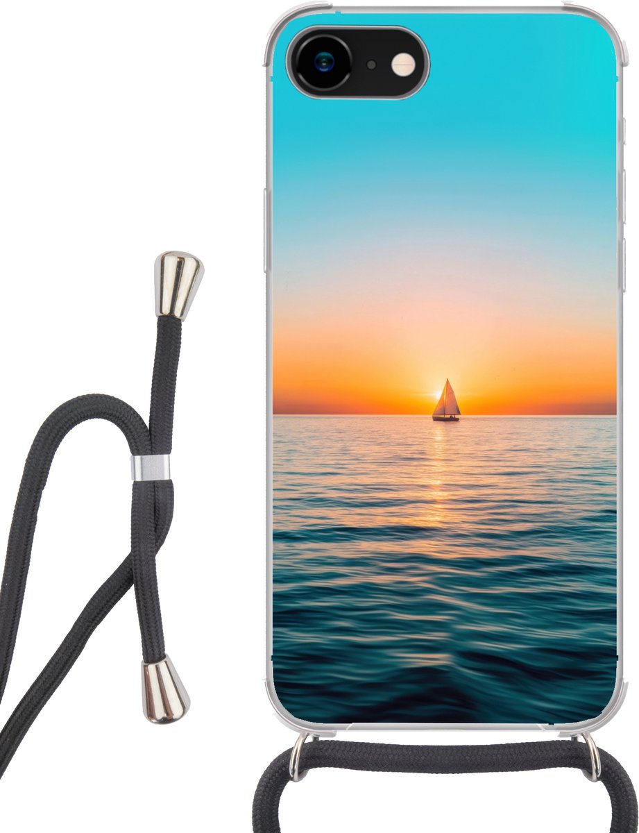 Telefoonhoesje Geschikt voor iPhone 8 - Zee - Zeilboot - Zonsondergang - Siliconen - Crossbody - Backcover met Koord - Telefoonhoesje met koord - Hoesje met touw Telefoonhoesje