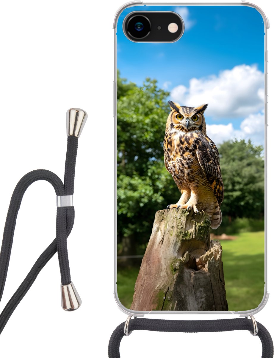 Telefoonhoesje Geschikt voor iPhone 8 - Uil - Boomstronk - Bos - Lucht - Siliconen - Crossbody - Backcover met Koord - Telefoonhoesje met koord - Hoesje met touw Telefoonhoesje