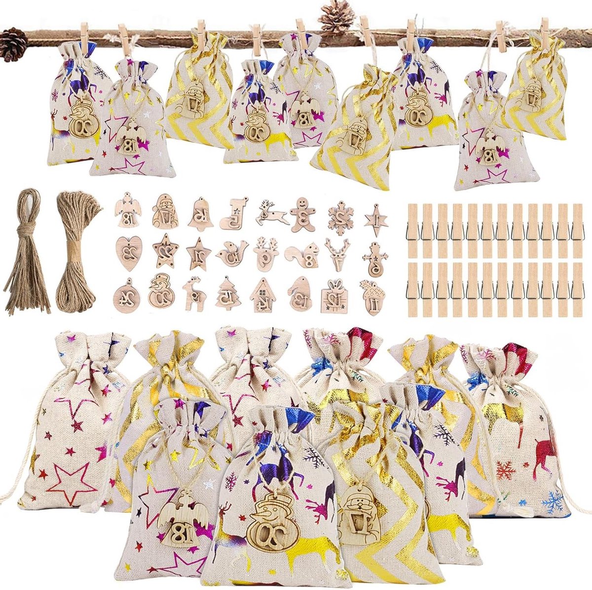 JGS Premium - Voor 24-delige adventskalender set met stoffen zakjes en houten clips - Inclusief 10 meter koord