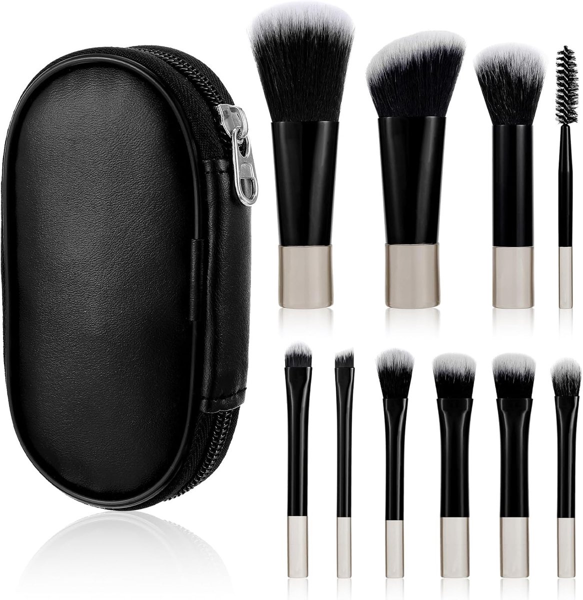 10-delige mini draagbare make-upkwastenset met zwarte stoffen tas voor oogschaduw, lippenstift, foundation en touch-up (zwart)