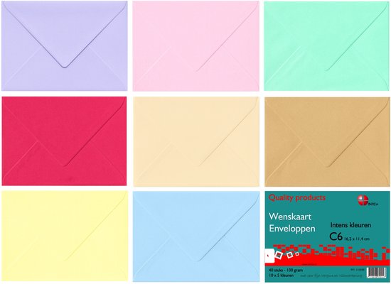 Luxe C6 Wenskaart-Enveloppen – 8 Kleurenmix, 90 g/m² - 40 Stuks