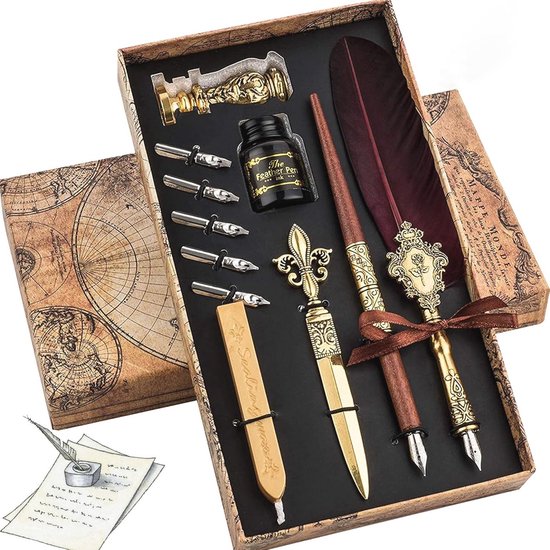 OPENDGO Pauwenveren Pen en inkt Kalligrafie Pen Geschenkset Antieke Veren Quill Pen en Inkt Set met 5 Penpunten Metalen Houder Cadeau voor Beginners