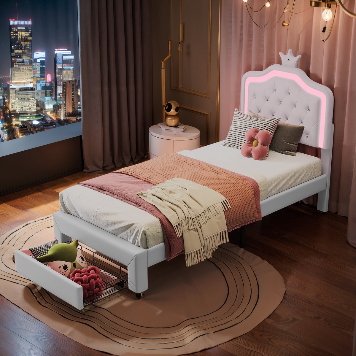 Kinderbed 90x200 cm – Wit Gestoffeerd Bed met Kunstlederen Hoofdbord in Kroonvorm – Eenpersoonsbed voor Meisjes of Jongens (zonder matras)