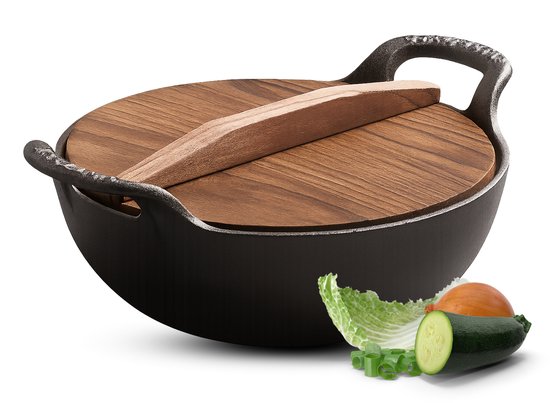 SEPH Gietijzeren Wokpan 34 CM | Zware Bodem | PFAS vrij | Inclusief Houten Deksel | Geschikt voor Alle Warmtebronnen
