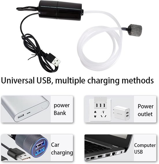 Luchtpompje Aquarium - Aquarium Zuurstof Pomp - luchtpompje - USB Mini Aquarium Luchtpomp - 1W Energiebesparende Beluchter - Draagbare Aquarium Luchtpomp - Met luchtsteen en siliconen slang - Zwart