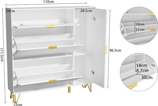 Multifunctionele schoenenkast 119x24x122 cm - met 3 opklapbare lades - met opklapbare bank - met een deur - wit
