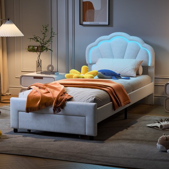 Polsterbed 90x200 cm met LED-verlichting, stopcontact en lade – Houten eenpersoonsbed met lattenbodem – Voor tieners, dames en kinderen – Zonder matras