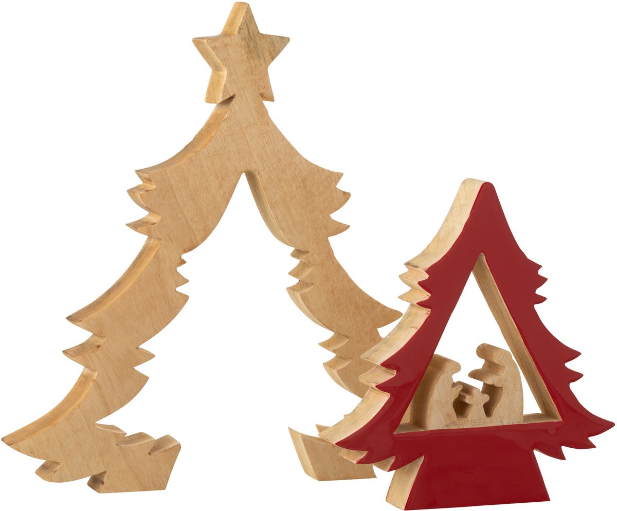 J-Line decoratie Kerststal in Boom + Ster - hout - rood/naturel