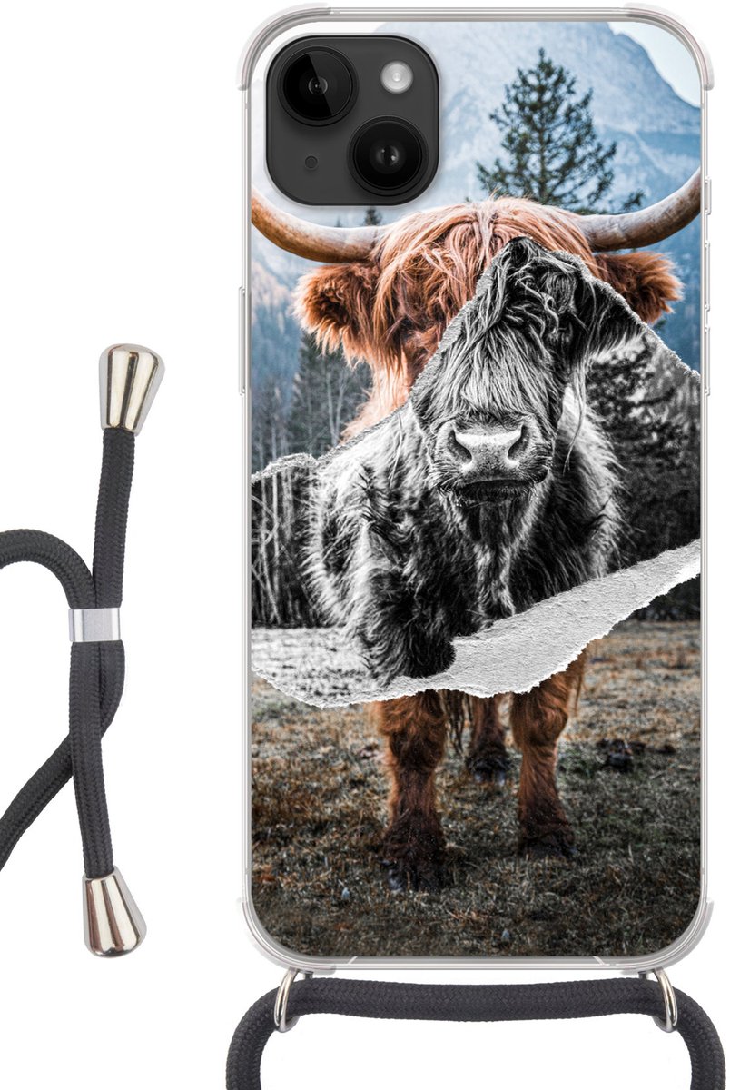 Telefoonhoesje Geschikt voor Apple Iphone 14 Max - Schotse hooglander - Koe -Dieren - Siliconen - Crossbody - Backcover met Koord - Telefoonhoesje met koord - Hoesje met touw Telefoonhoesje