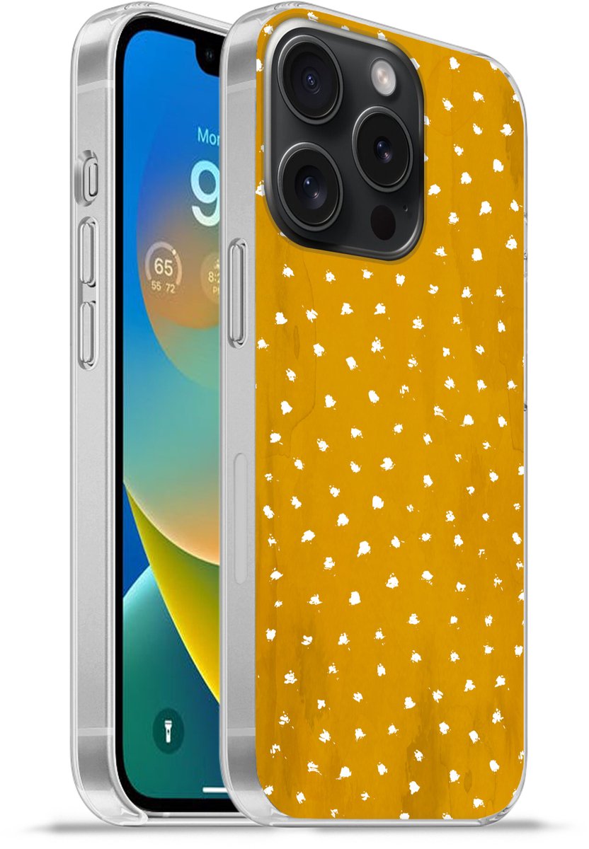 Telefoonhoesje Geschikt voor iPhone 15 Pro hoesje - Stippen - Oranje - Wit - Siliconen Telefoonhoesje Telefoonhoesje