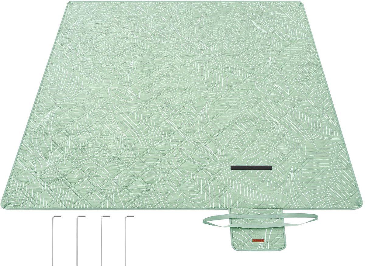 SONGMICS Picknickkleed, 200 x 200 cm, met 4 grondankers, groot kampeerkleed, voor park, tuin, strand, waterdicht, machinewasbaar, opvouwbaar, mintgroen met tropische varen GCM010C02
