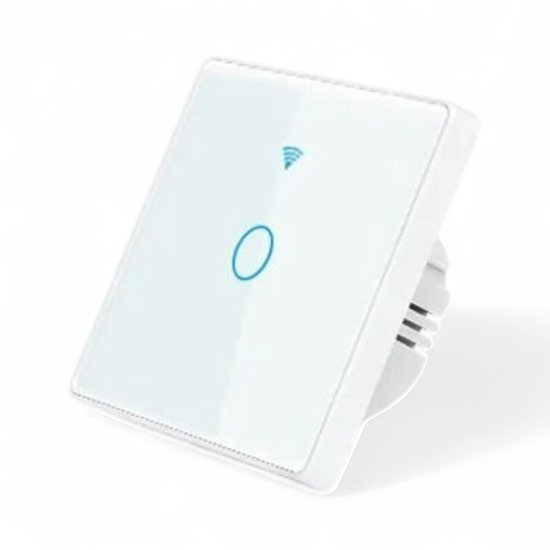 Smart WiFi Touch Lichtschakelaar Wit | 1-knop | Geen Nuldraad Nodig | Geharde glazen paneel | Alexa en Google Home | RF433 Ondersteuning | Tuya | App