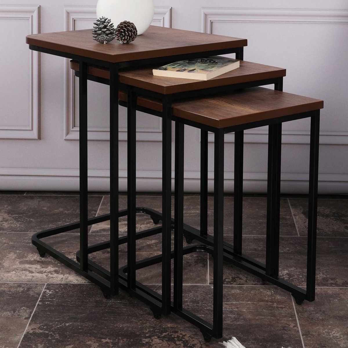 Skye Decor , Bijzettafelset (3 stuks), Ce Metal Zigon - 9401, Metaal, Walnoot & Zwart, 48,8 cm Bruin