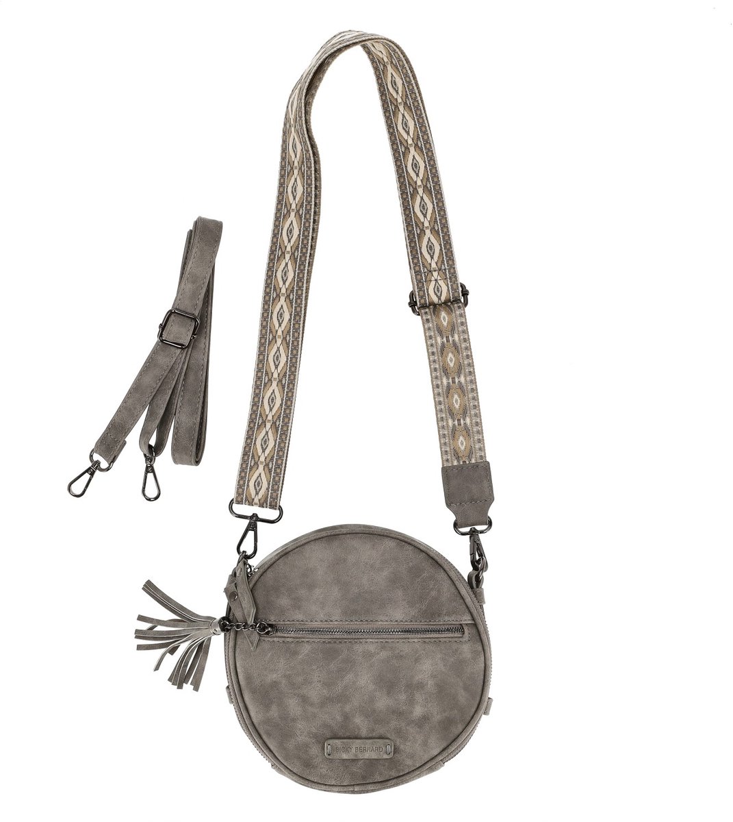 Crossbody Tas Dames met 2 Schouderbanden – Grijze Schoudertas met Brede Bag Strap + Verstelbare Band – Kleine Ronde Dames Tas met Ritssluiting – Tassenriem