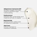 Uitleg ingrediënten op crème: Q10, hyaluronzuur, niacinamide, aloë vera.