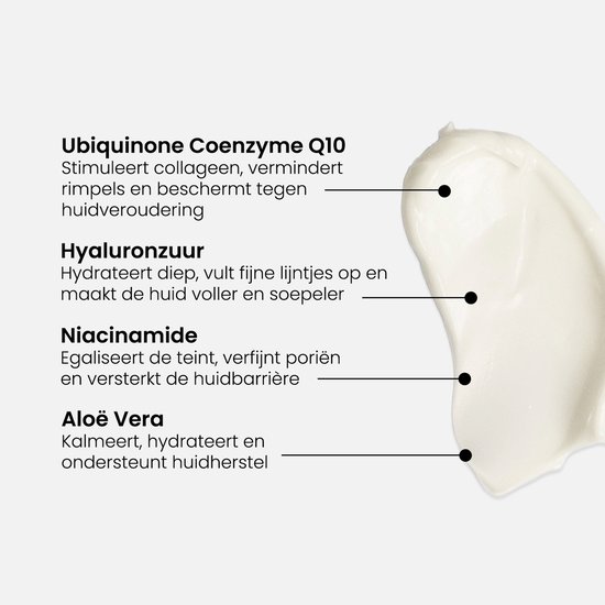 Uitleg ingrediënten op crème: Q10, hyaluronzuur, niacinamide, aloë vera.