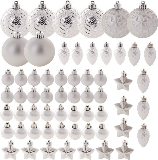 KADAX Kerstballen van kunststof, set van 60 ballen, kerstballen, kerstboomballen, kerstboomversiering, kerstdecoratie (zilver)