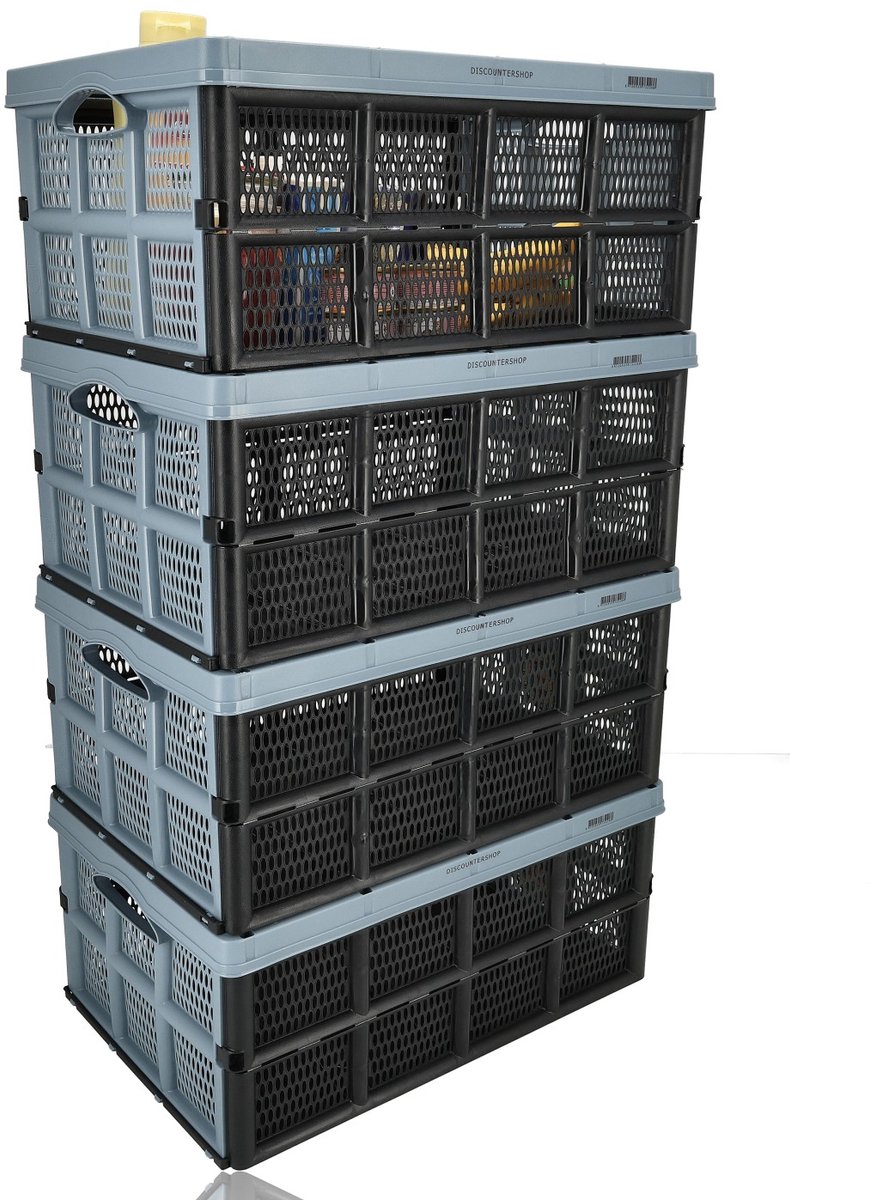 Vouwkrat Opvouwbaar 32L – Set van 4 Kratten Zwart Blauw – Boodschappenkisten, Verhuiskratten, Opbergkratten, Statiegeldflessen, Auto & Kamperen
