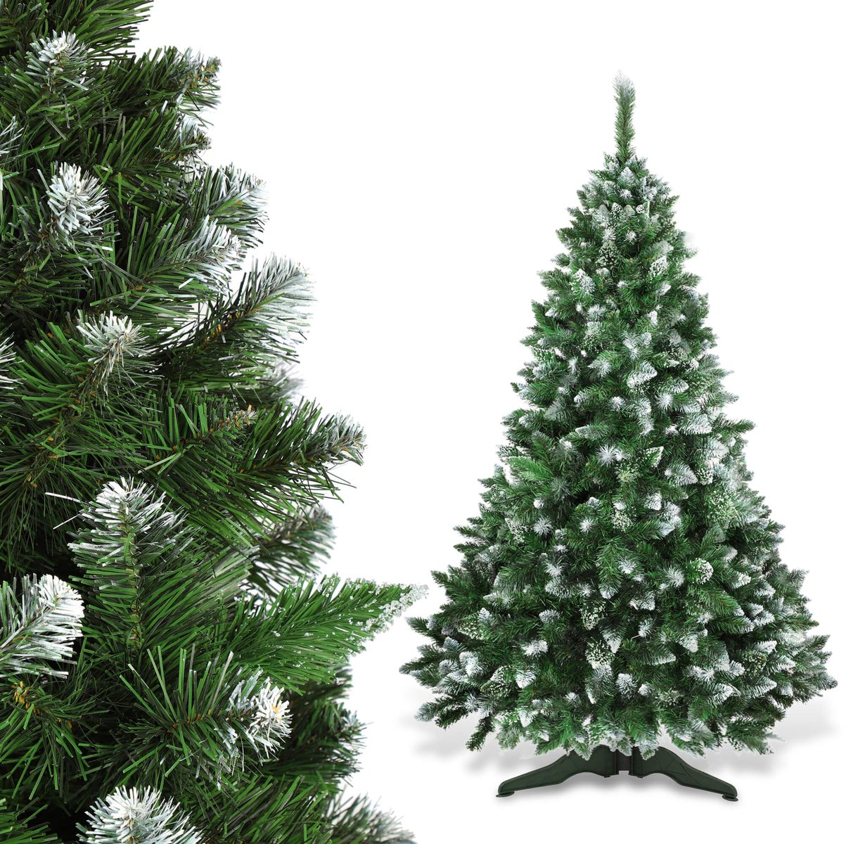 KADAX Kunstkerstboom van pvc-kunststof, dennenboom met standaard, kunstboom met sneeuwuiteinden, boom met 62 takken en 14 boomkronen (ochtend mos 220 cm)