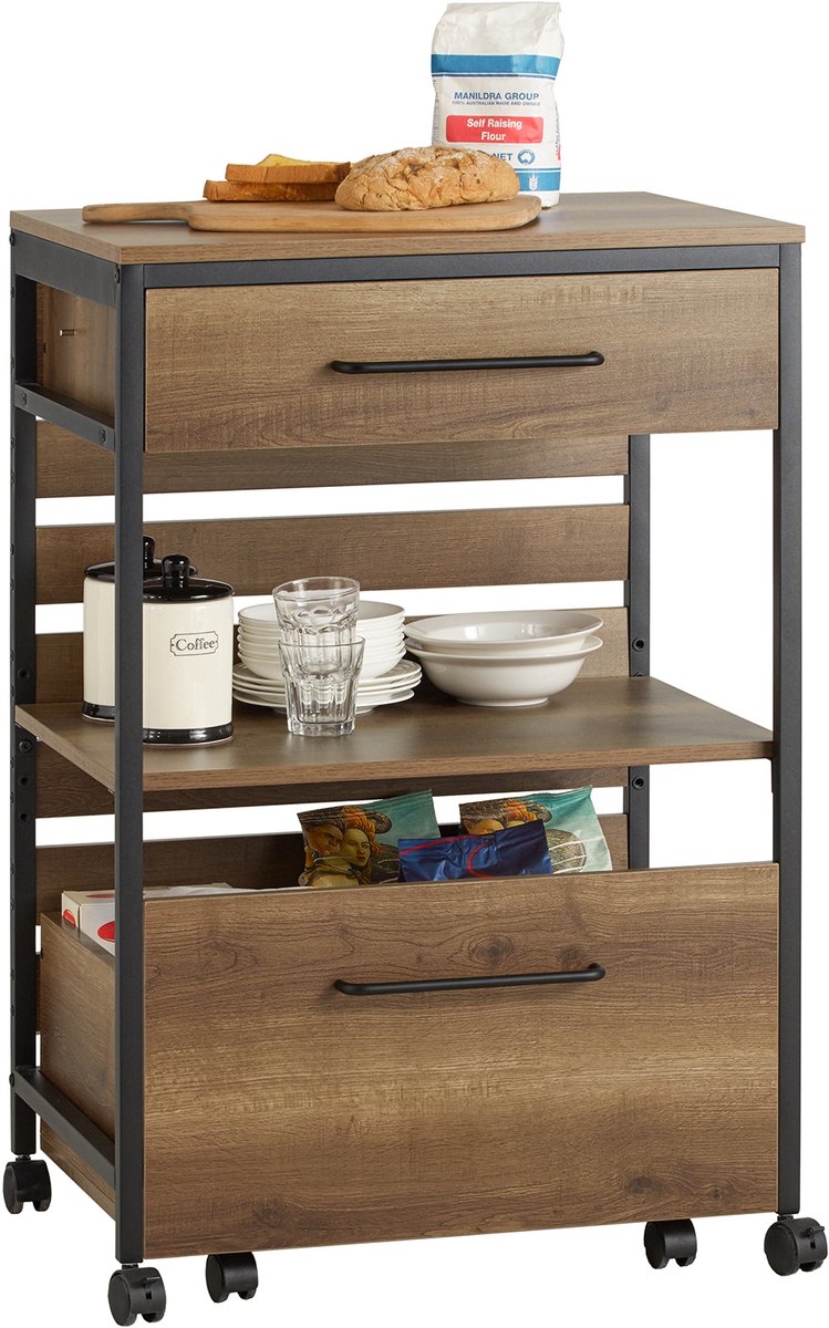 SoBuy Serveerwagen met Wieltjes, Keukentrolley, 1 Plank en 2 Laden, Industrieel Stalen Frame, Vintage, 60x45x90 cm, FKW118-PF