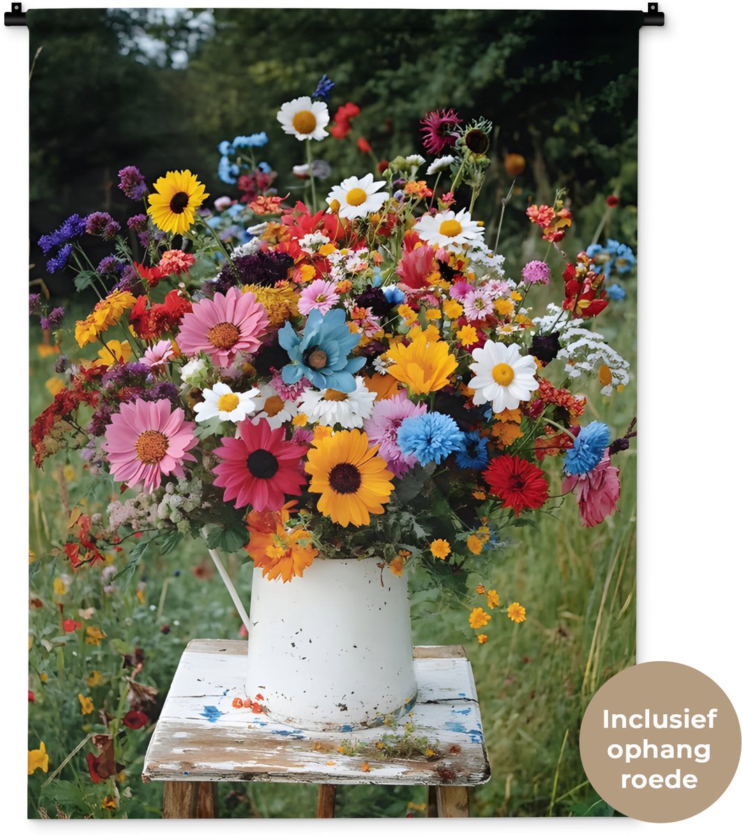 Wandkleed 90x120 cm - Wanddoek Bloemen - Krukje - Gieter - Veld - Wandtapijt - Wandkleden