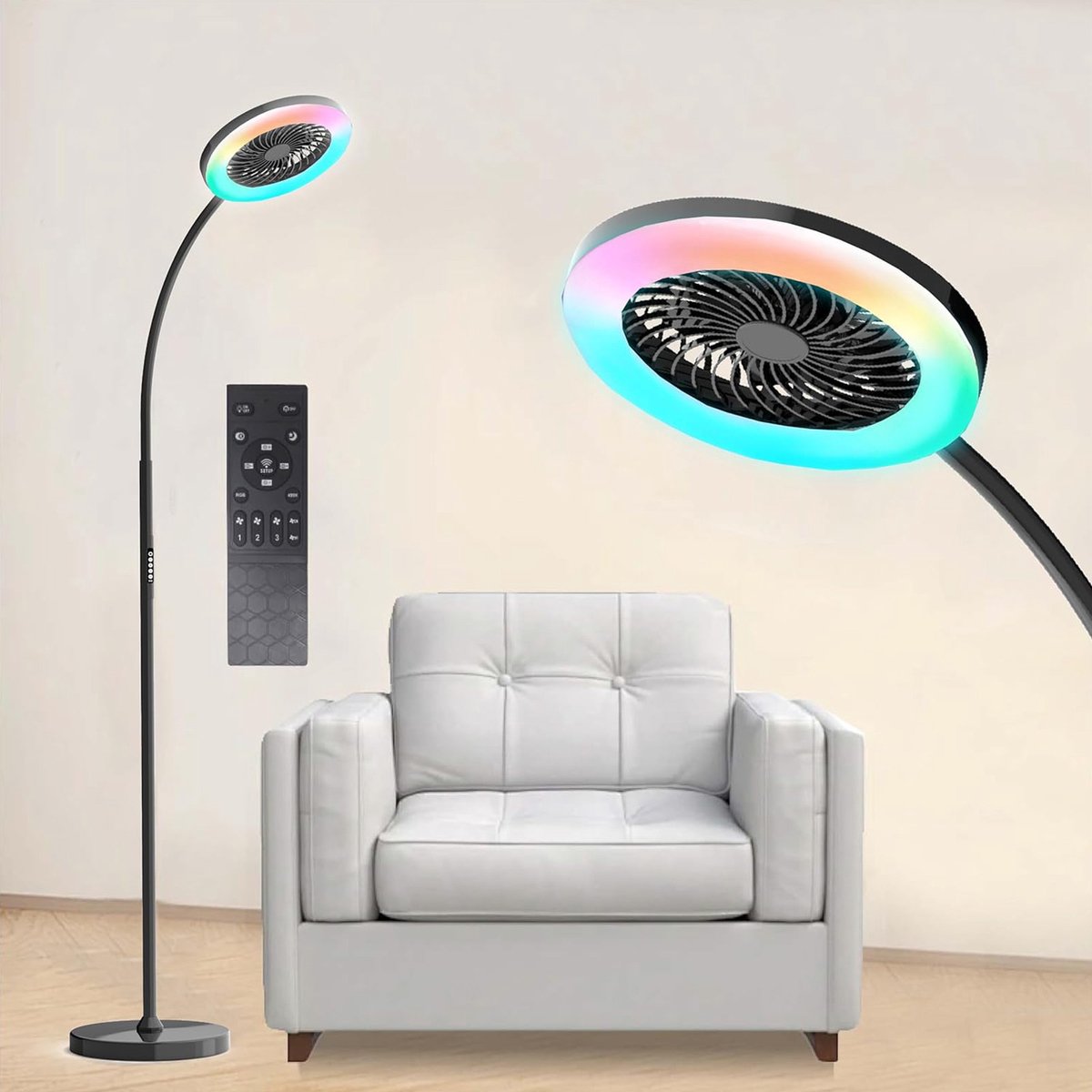 Rosnek Staande Lampen met Ventilator - 183cm Stille 2-in-1 Staande Ventilatorlamp – 1500 Lumen LED - 3 Snelheden, 12W RGB + Afstandsbediening – 360° Zwanenhalsrotatie Staande Lampen - Ideaal voor Slaapkamer/Kantoor(Zwart)