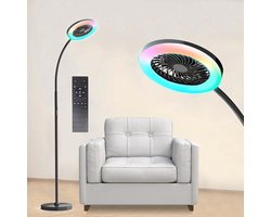 Rosnek Staande Lampen met Ventilator - 183cm Stille 2-in-1 Staande Ventilatorlamp – 1500 Lumen LED - 3 Snelheden, 12W RGB + Afstandsbediening – 360° Zwanenhalsrotatie Staande Lampen - Ideaal voor Slaapkamer/Kantoor(Zwart)