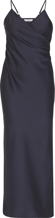 Robe maxi bleu marine en satin à fines bretelles, avec un drapé sur le devant.