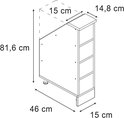 Technische tekening met afmetingen van een witte kast met schuine zijde en 4 vakken.