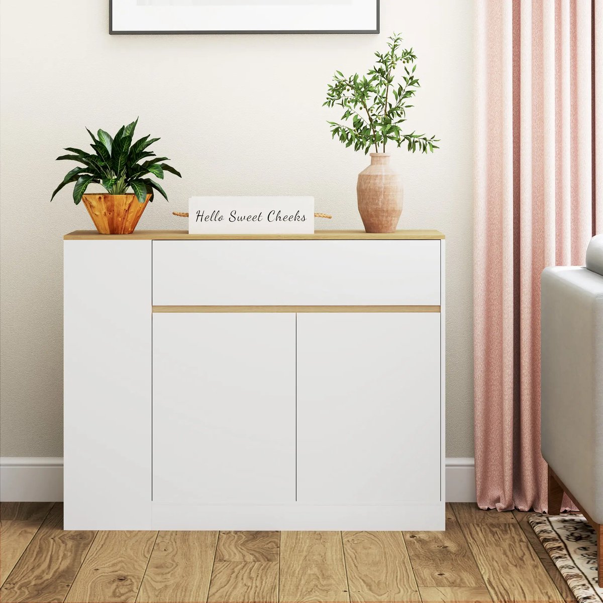 Pugsdrly Dressoir, grote kastruimte, 3 opbergvakken, lade, 105 x 30 x 81,5 cm, wit/hout