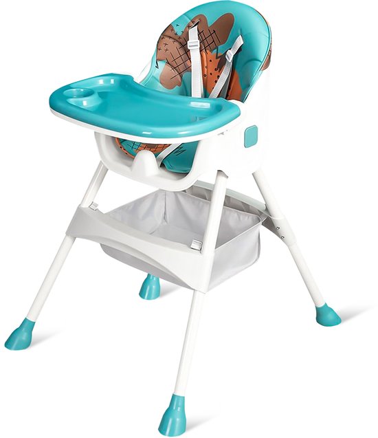 Witte kinderstoel met turquoise dienblad en zitting met dierenprint. Heeft een mandje en een voetensteun.