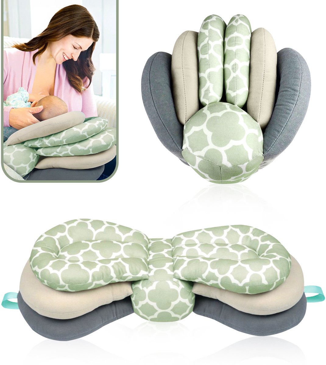 Velox Goods VL-507 Verstelbaar Ergonomisch Borstvoedingskussen – Ondersteunend & Comfortabel – 3-Lagen Hoogte Instelbaar – Afneembare Wasbare Hoes – Lichtgroen/Grijs/Wit
