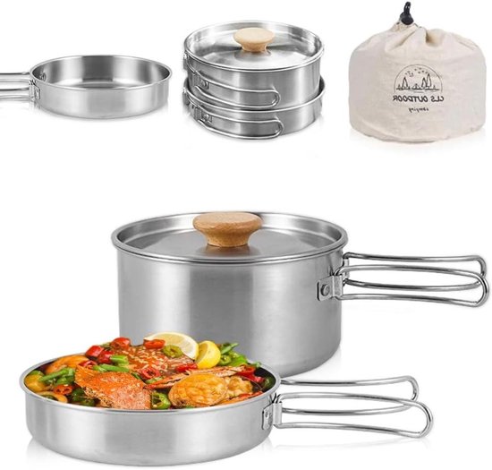 Smoakez - Campingkookgereiset roestvrij staal met deksel en opvouwbare handgreep voor kamperen, wandelen, vissen en picknick - Outdoor serviesset