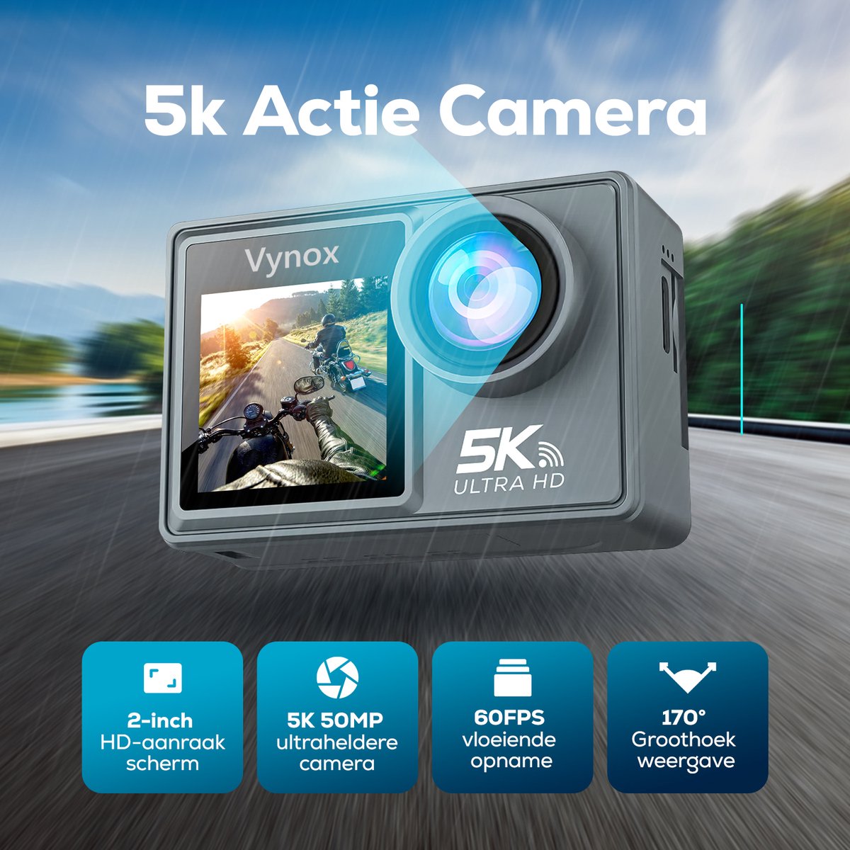 Vynox Action Camera 5K - 50MP / 60FPS / WiFi / 30M Waterdicht - Actiecamera - Touchscreen - Onderwatercamera - Inclusief Accessoires thumbnail 2