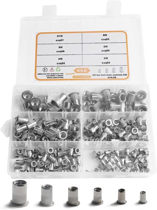 BESTYCHAO 120 stks 304 Rvs Platte Hoofd Schroefdraad Insert Klinknagel Moer, Nutsert Rivnut Assortiment Kit M3 M4 M5 M6 M8 M10