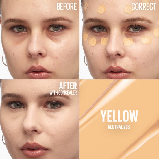 Voor en na foto's van een vrouw die concealer gebruikt om wallen te verbergen. De linkerfoto toont wallen, de rechterfoto laat een egale huid zien. Rechtsonder een veeg gele concealer.
