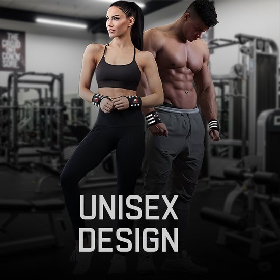 Man en vrouw met polsbanden met witte strepen en Belicon logo in een sportschool.