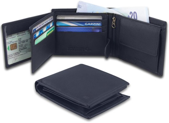 Garzini heren portemonnee leder, portefeuille RFID, tijdloos billfold model muntvak, briefgeldvak, 15 pasjes, Blauw