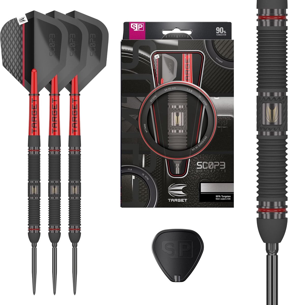 Target Darts Scope Steel Tip Swiss Point Darts, 90% Tungsten Dart Set, Barrel 01-25G | Steel Tip Dart Sets, Red & Black Darts, Professionele Dart Set met Swiss Points & Tool